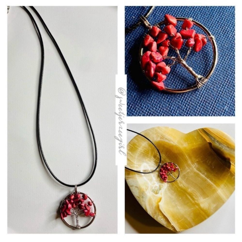 Red Coral Chip Tree of Life Pendant - Picture 5 of 6